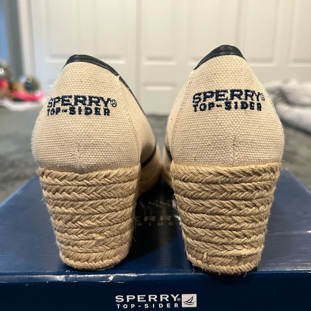 Sperry Cream Canvas Wedge Espadrilles with Navy Rope Detail